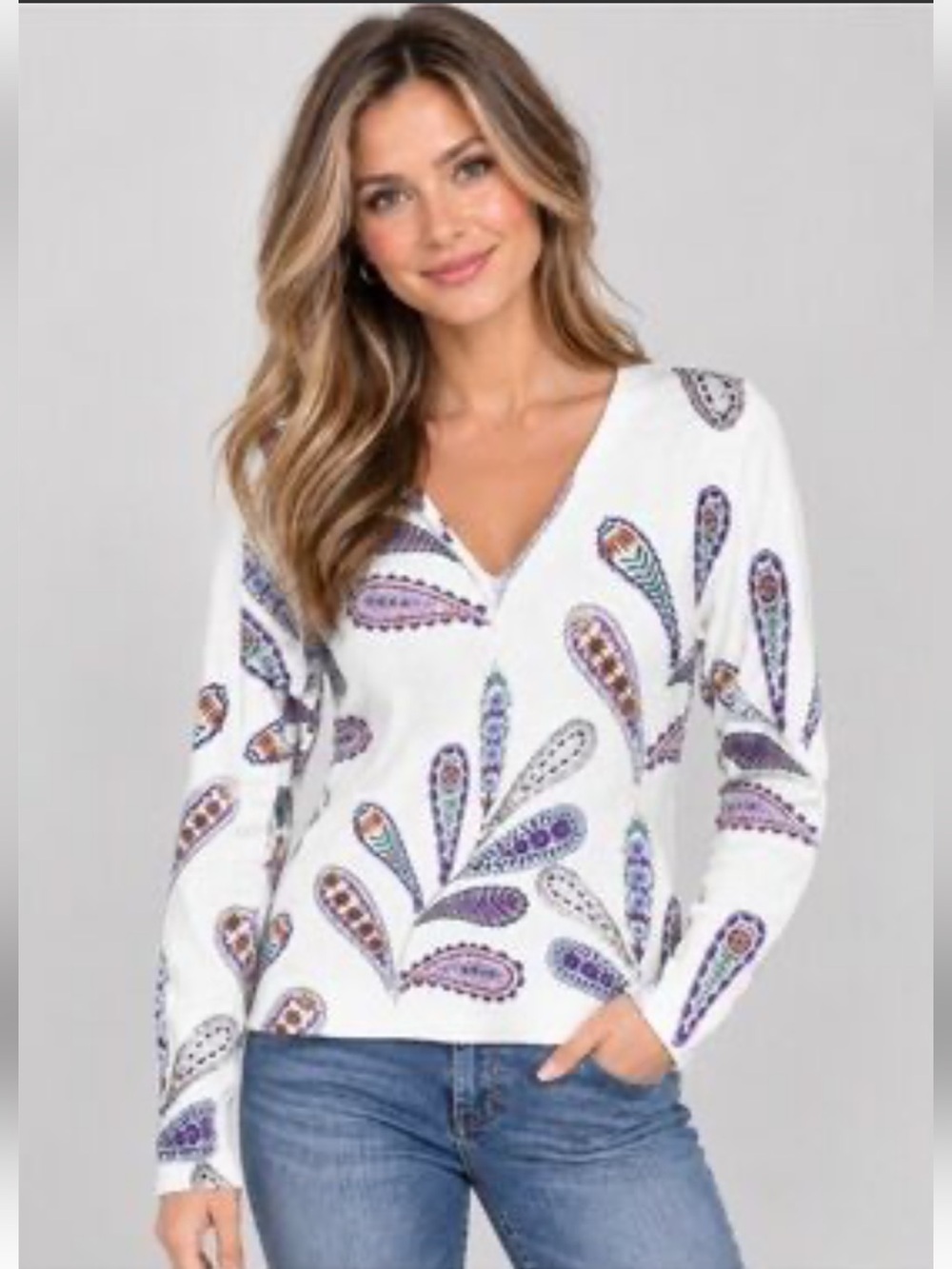 NWT LOFT Cream Multi-Color Paisley V-Neck Knit Sweater Cotton Blend Soft Large